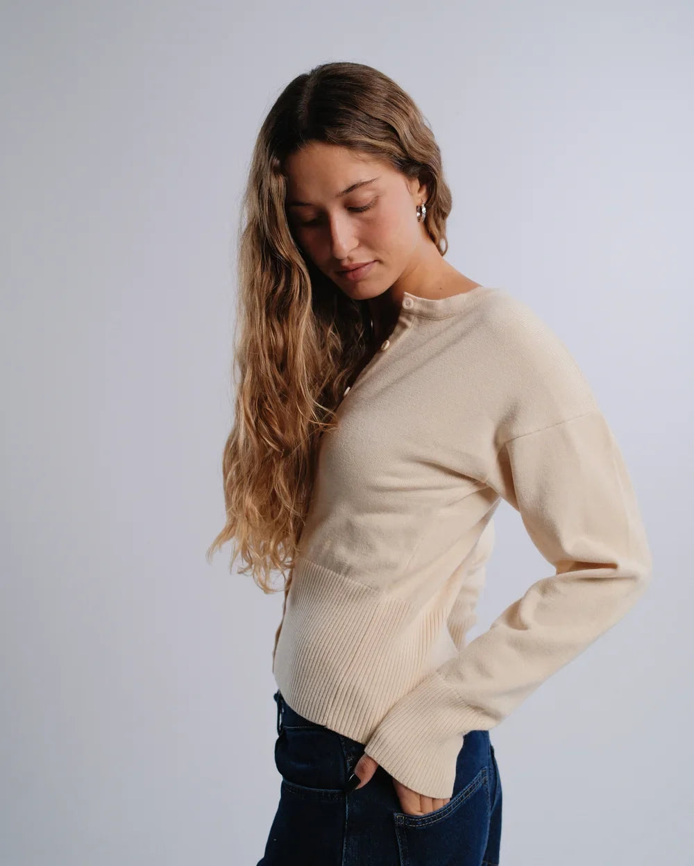 Fitted Cardigan in Cream — studio photograph