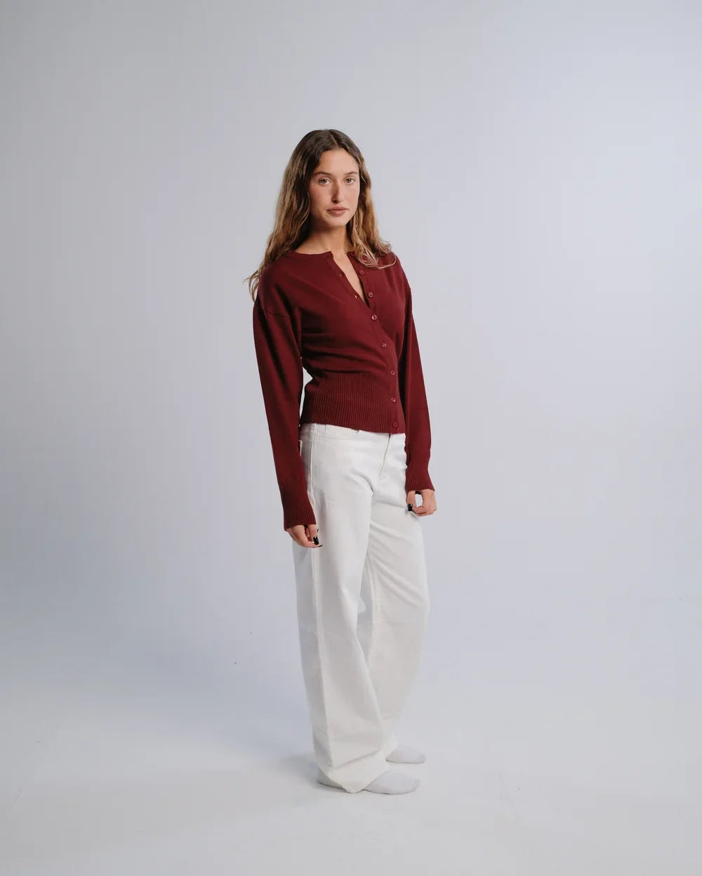 Fitted Cardigan in Burgundy — studio photograph