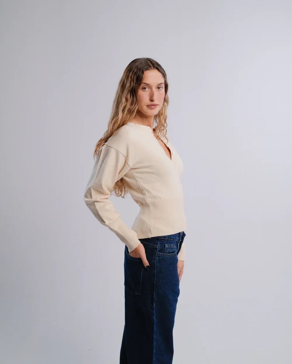 Fitted Cardigan in Cream — studio photograph