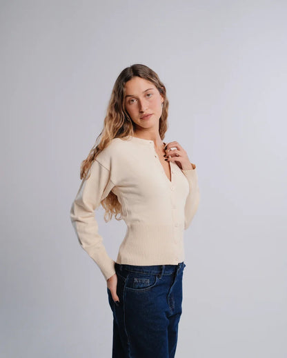 Fitted Cardigan in Cream — studio photograph