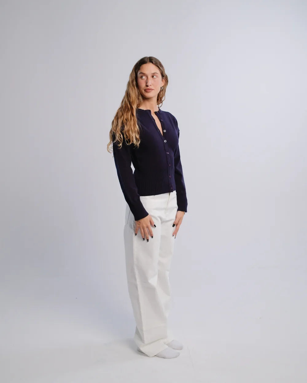 Fitted Cardigan in Navy — studio photograph