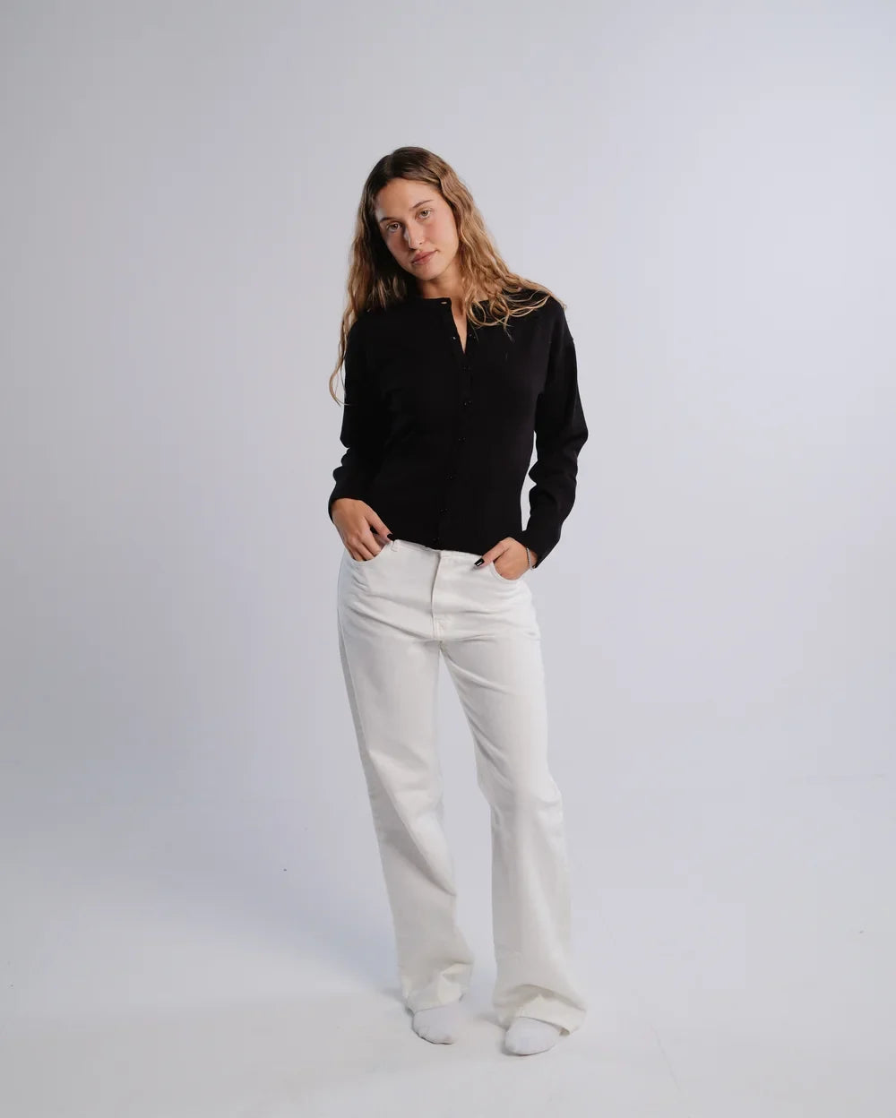 Fitted Cardigan in Black — studio photograph