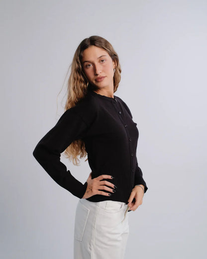 Fitted Cardigan in Black — studio photograph