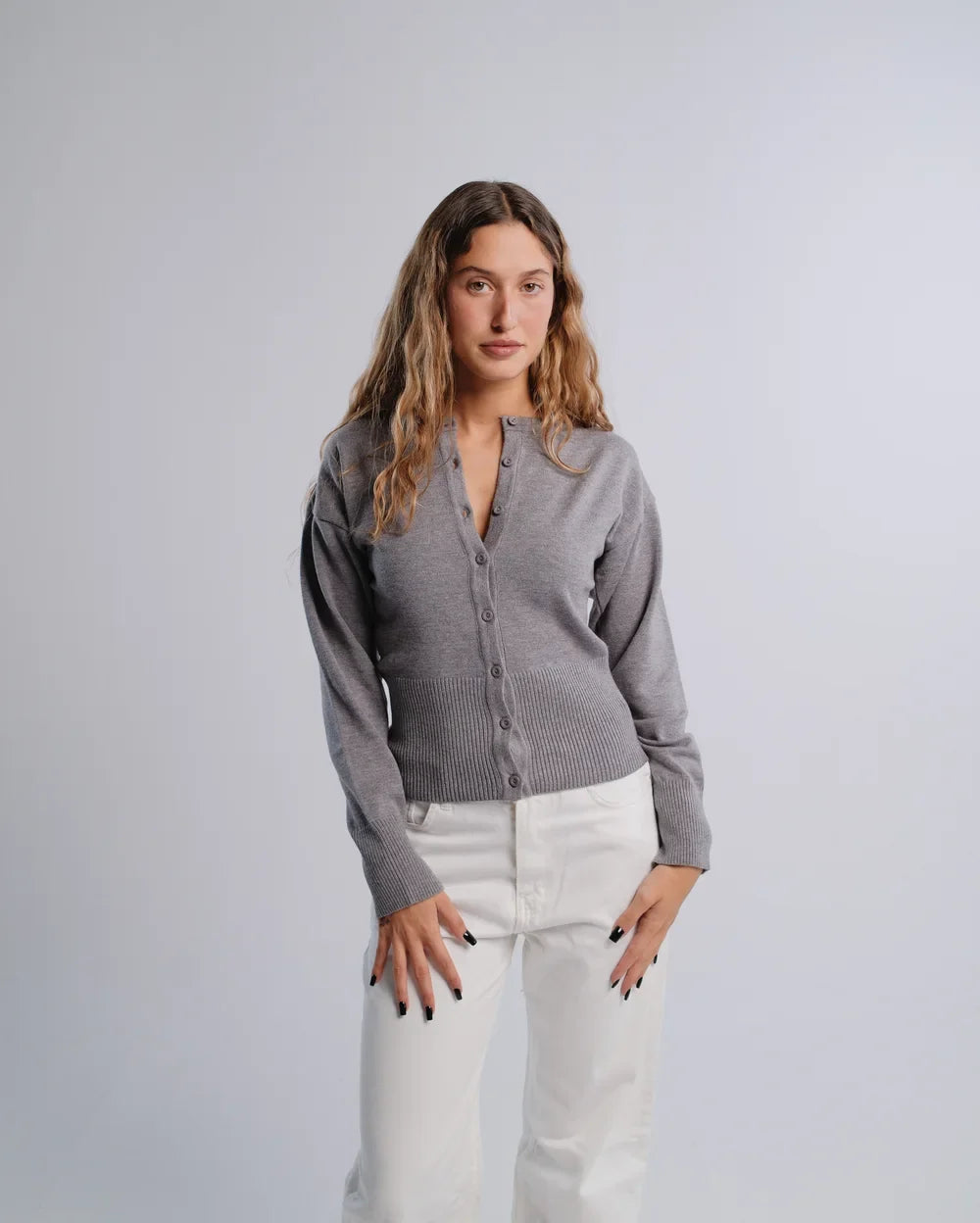 Fitted Cardigan in D-Gray — studio photograph