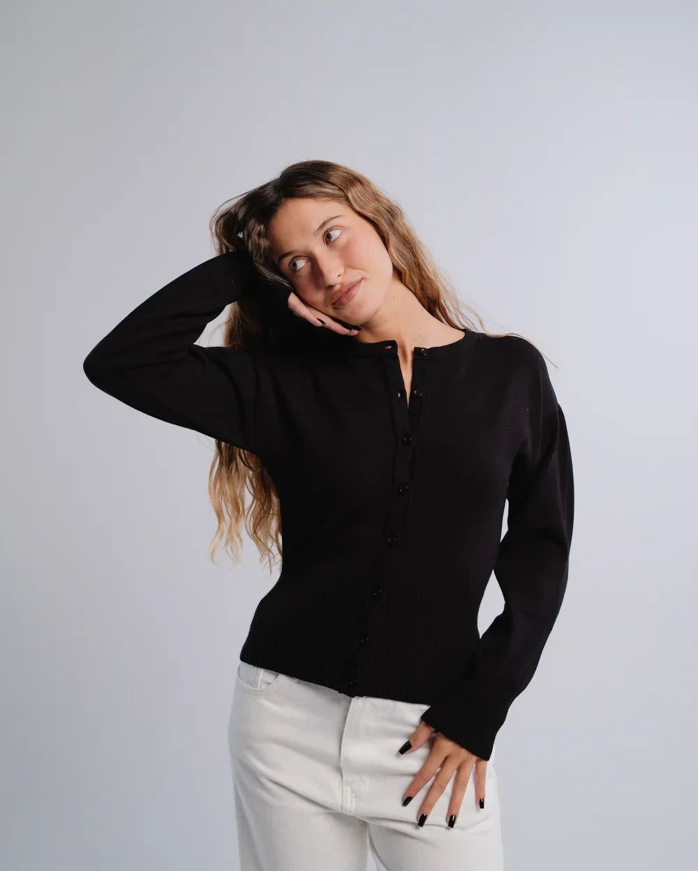 Fitted Cardigan in Black — studio photograph