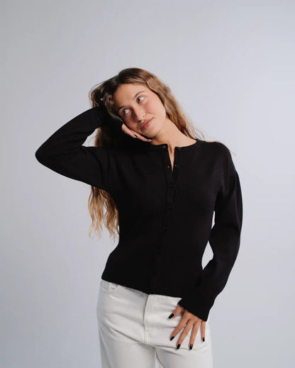 Fitted Cardigan in Black — studio photograph
