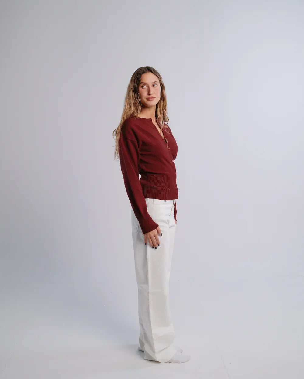 Fitted Cardigan in Burgundy — studio photograph