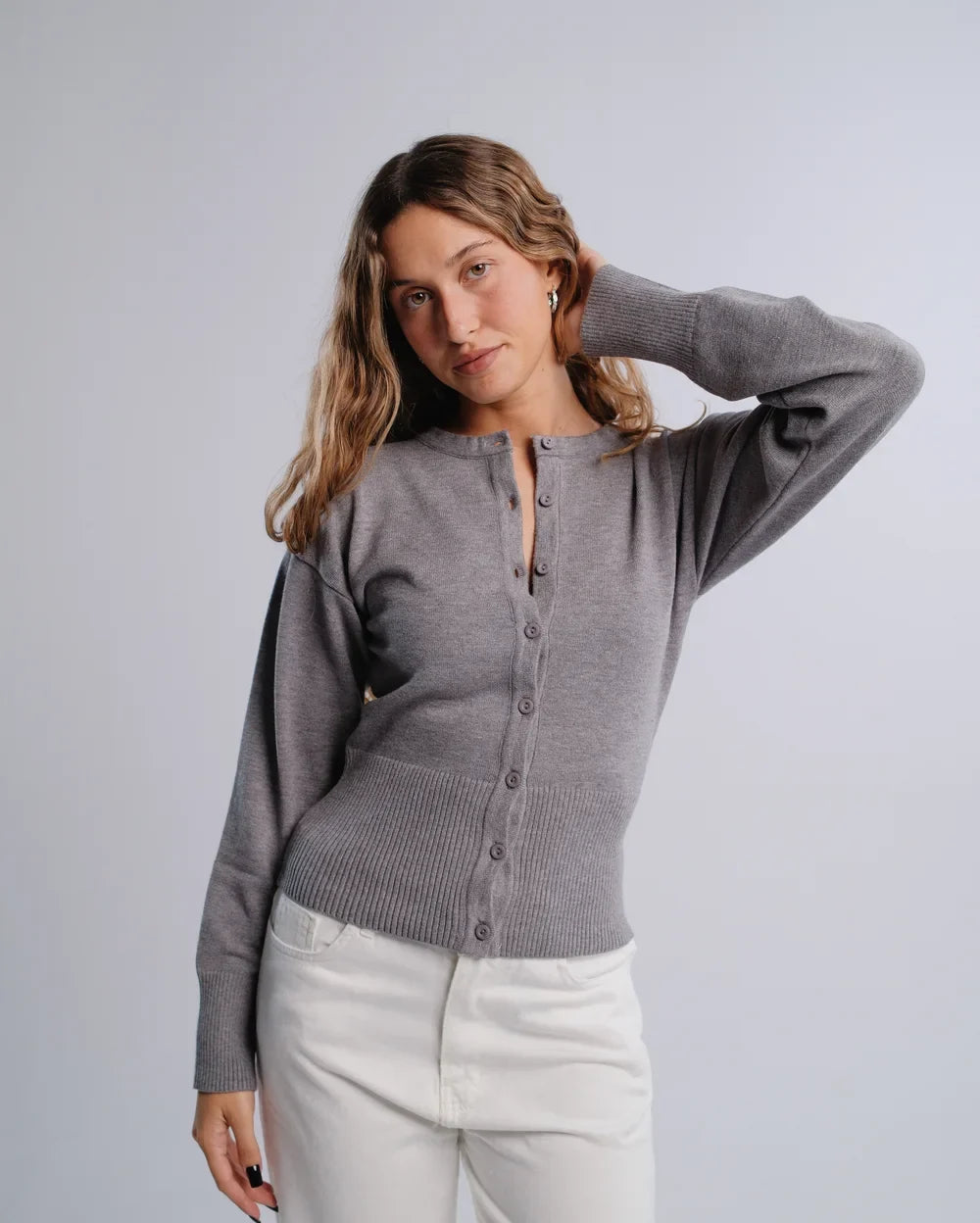 Fitted Cardigan in D-Gray — studio photograph