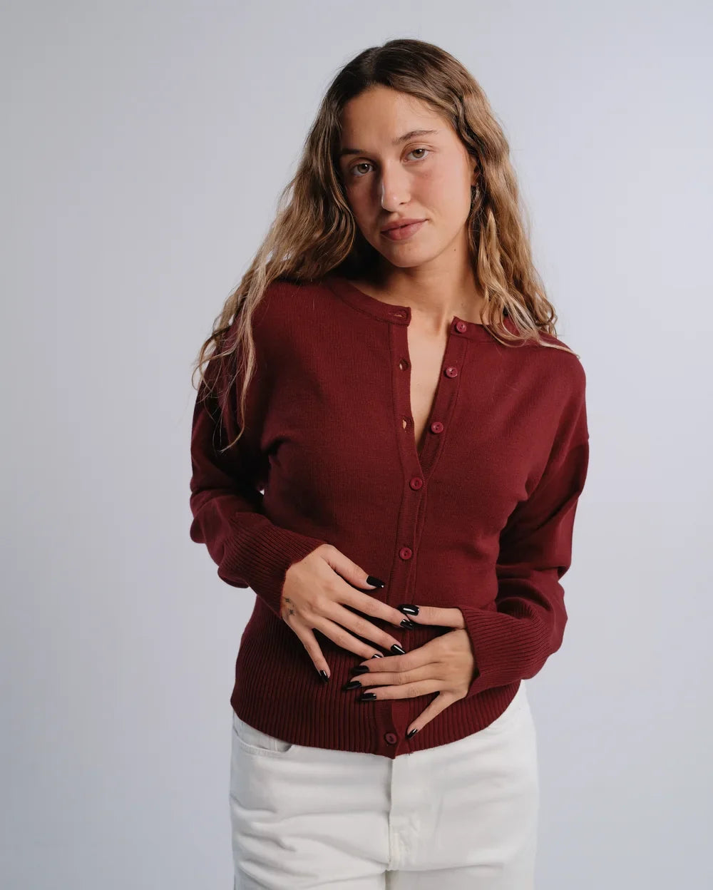 Fitted Cardigan in Burgundy — studio photograph