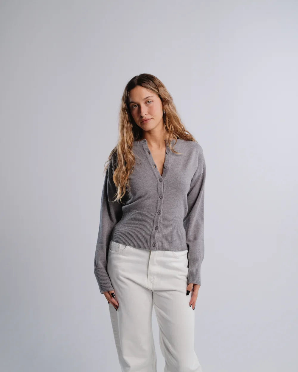 Fitted Cardigan in D-Gray — studio photograph