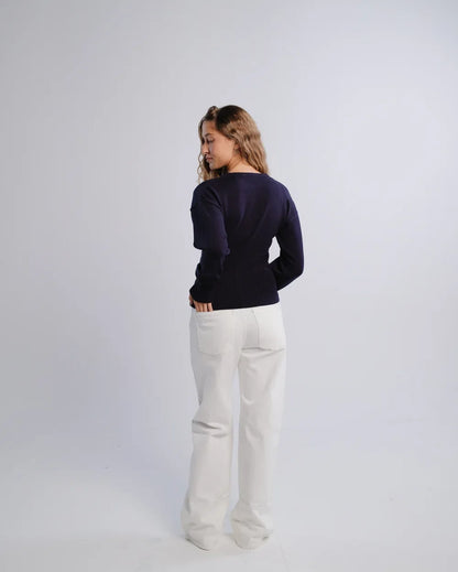 Fitted Cardigan in Navy — back view