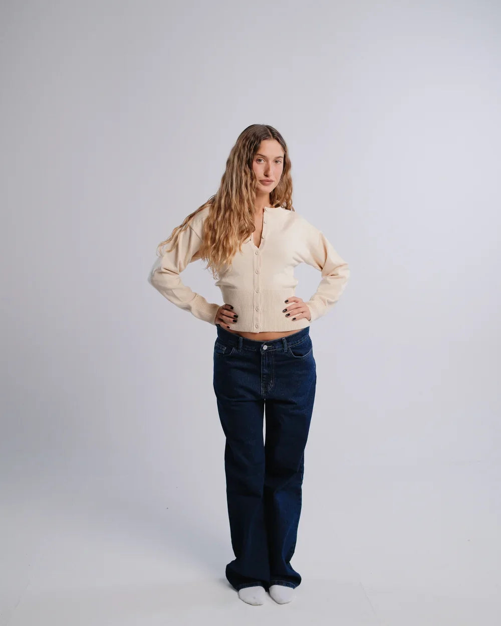 Fitted Cardigan in Cream — studio photograph