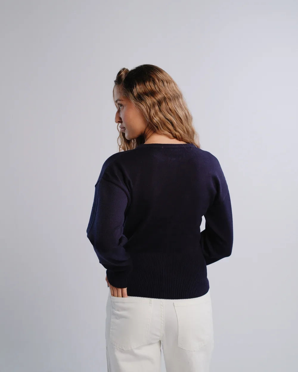 Fitted Cardigan in Navy — back view
