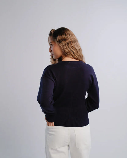 Fitted Cardigan in Navy — back view