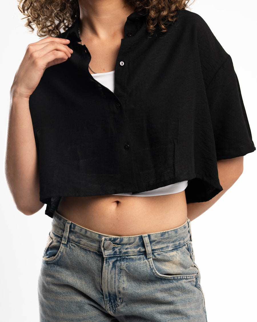 Black Short Sleeve Linen Shirt
