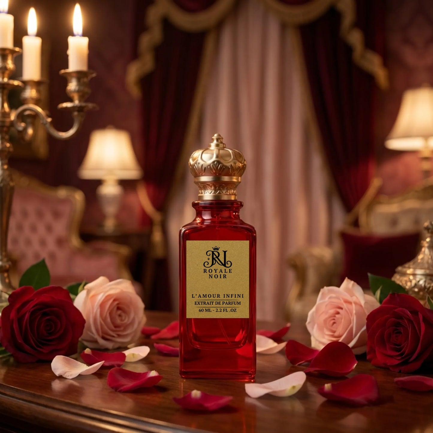 Perfume bottle labeled 'Royale Noir L'Amour Infini Extrait de Parfum' with roses and candles in a luxurious setting