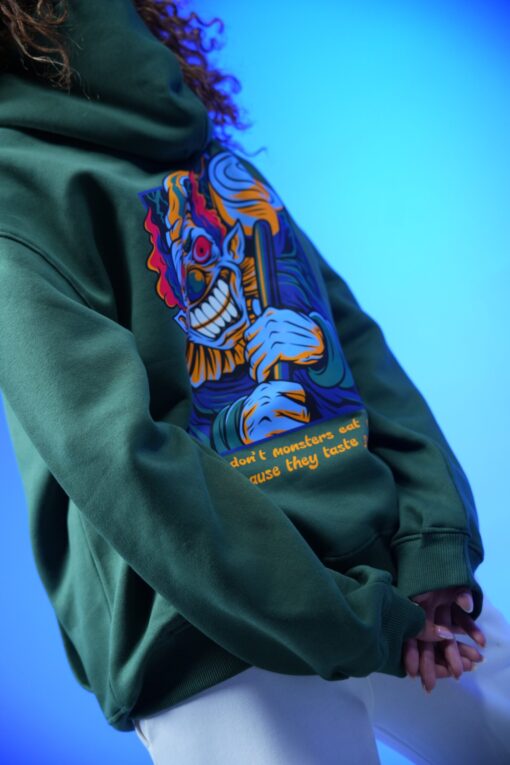 what don t monsters eat clowns because they taste funny printed oversized hoodie dark green - Image 3