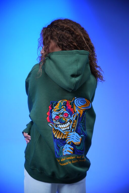 what don t monsters eat clowns because they taste funny printed oversized hoodie dark green